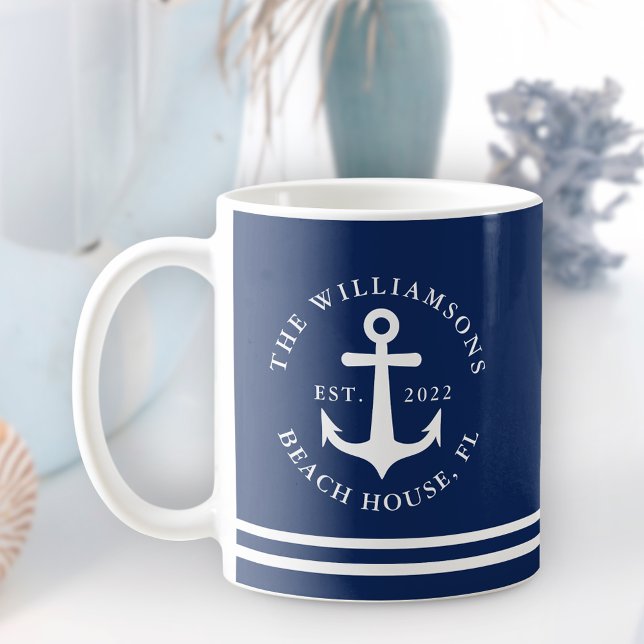 Nautical Anchor Navy Blue Beach House Namn Kaffemugg (Skapare uppladdad)