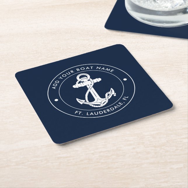 Nautical Anchor Navy Blue Boat Namn Underlägg Papper Kvadrat (Vinklad)