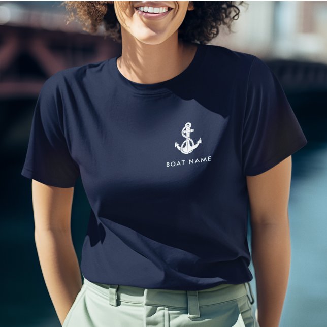 Nautical Anchor Navy Blue Boat Namn Valfri Färg T Shirt (Nautical Navy Blue Anchor Boat Name Crew Custom Womens Navy Blue T-Shirt)