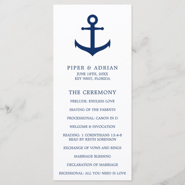 Nautical Anchor Navy Blue Elegant bröllop Program (Framsida)