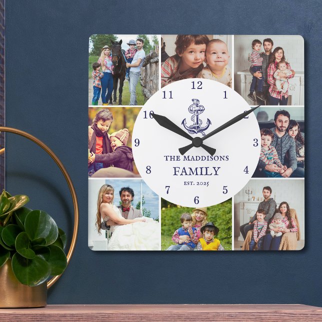 Nautical Anchor Navy Blue Family 8 Photo Collage Fyrkantig Klocka (Skapare uppladdad)