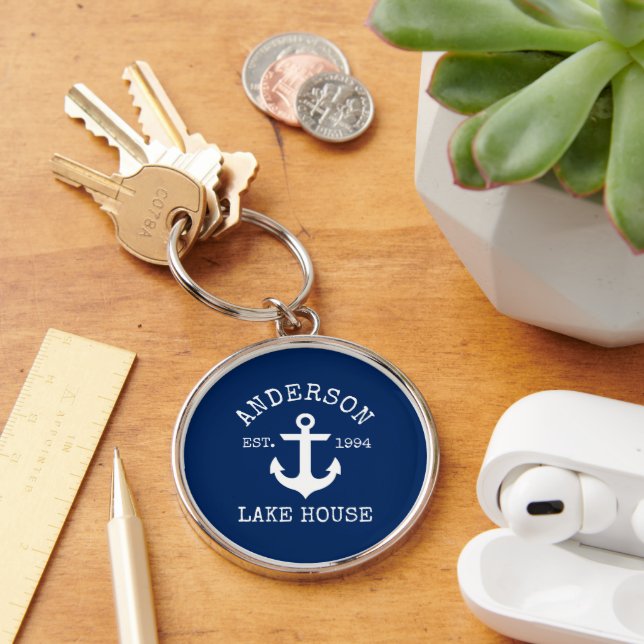 Nautical Anchor Navy Blue Family Sjö House Rund Silverfärgad Nyckelring (Skrivbord)