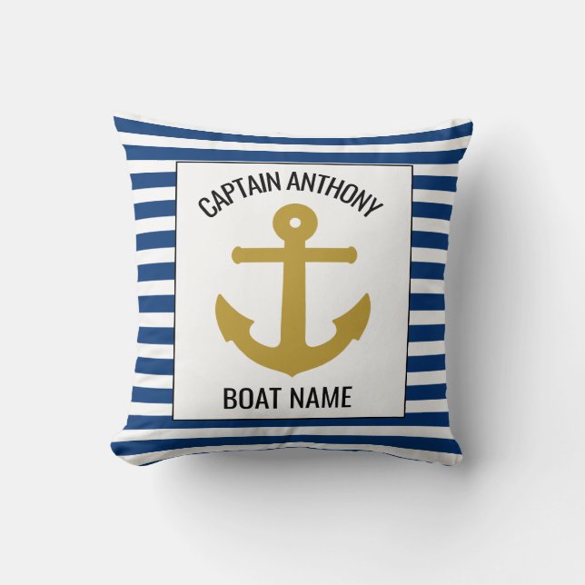 Nautical Anchor Navy Blue Kapten och Boat Namn Kudde (Framsida)