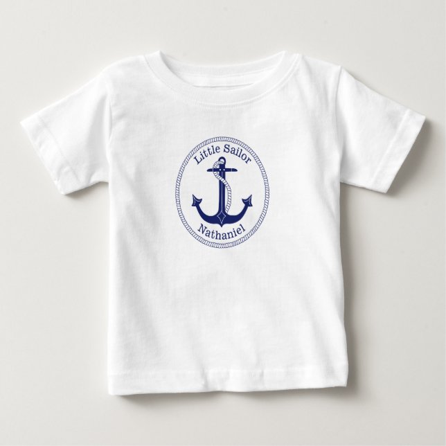Nautical Anchor Navy Blue Little Sailor Namn Tee (Framsida)