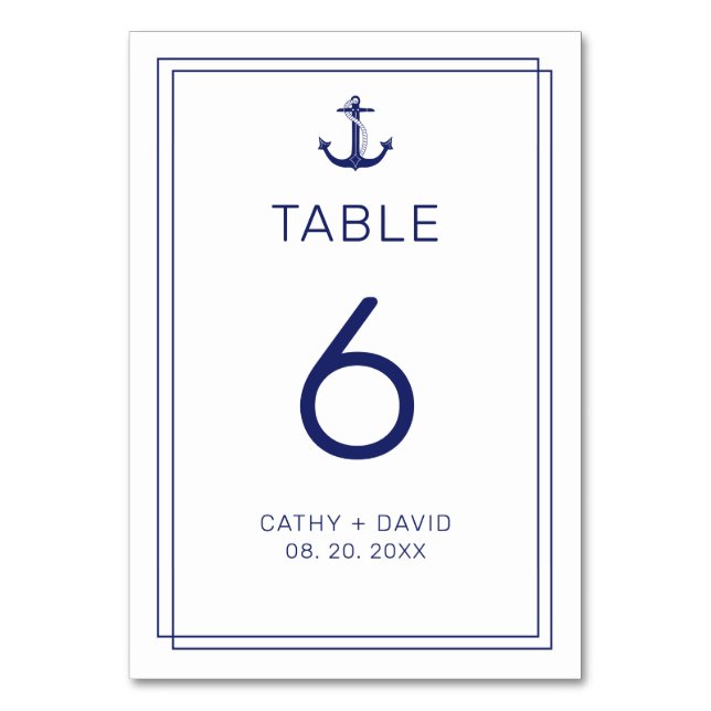 Nautical Anchor Navy Blue Minimalist Bröllop Bordsnummer (Framsidan)