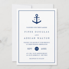 Nautical Anchor Navy Blue Monogram Bröllop Inbjudningar