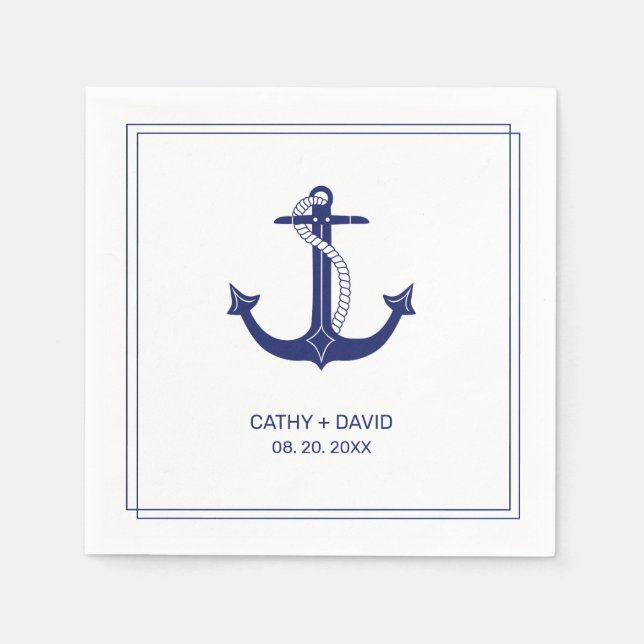 Nautical Anchor Navy Blue Monogram Namn Bröllop Pappersservett (Framsidan)