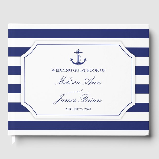 Nautical Anchor Navy Blue Rand Bröllop Gästböcker (Framsida)