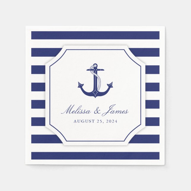 Nautical Anchor Navy Blue Rand Bröllop Pappersservett (Framsidan)