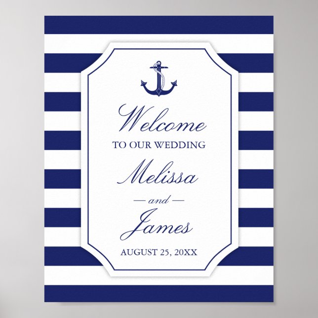 Nautical Anchor Navy Blue Rand Bröllop Poster (Framsidan)