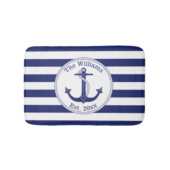 Nautical Anchor Navy Blue Rand Family Namn Badrumsmatta (Framsidan)
