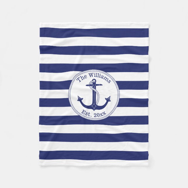 Nautical Anchor Navy Blue Rand Family Namn Fleecefilt (Framsidan)