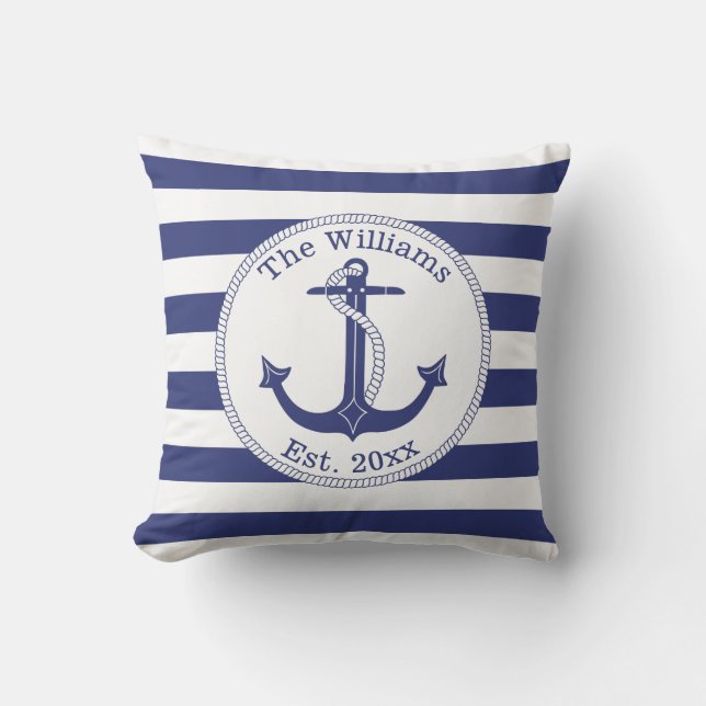 Nautical Anchor Navy Blue Rand Family Namn Kudde (Framsida)