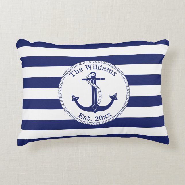 Nautical Anchor Navy Blue Rand Family Namn Prydnadskudde (Framsidan)