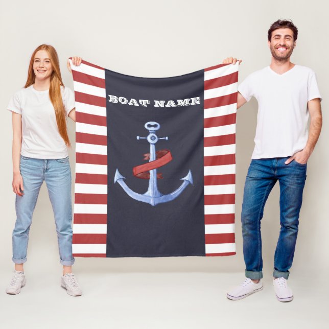 Nautical Anchor, Navy Blue,Red Rand Fleecefilt (På plats)
