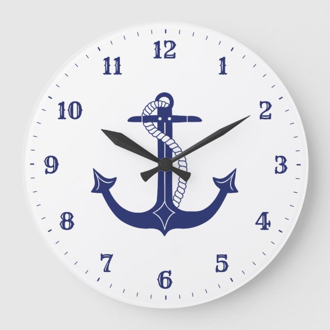 Nautical Anchor Navy Blue Stor Klocka (Framsida)