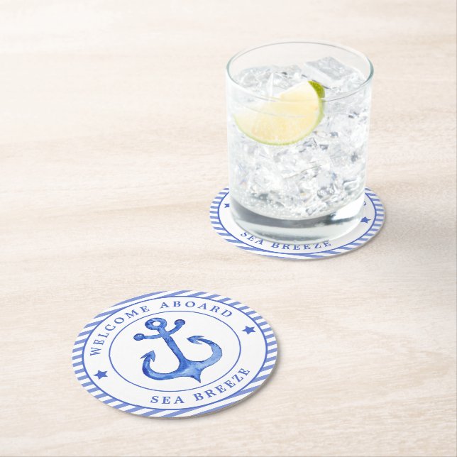 Nautical Anchor & Navy Blue Stripe w. Boat Namn Underlägg Papper Rund (Insitu)