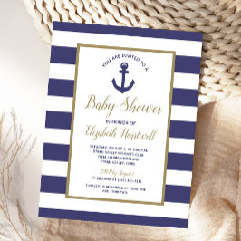 Nautical Anchor Navy Blue Striped Boy Baby Shower Inbjudan Vykort