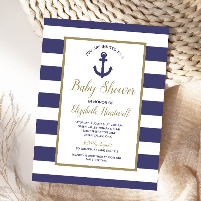 Nautical Anchor Navy Blue Striped Boy Baby Shower Inbjudan Vykort (Skapare uppladdad)