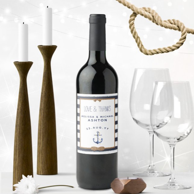 Nautical Anchor Navy Blue & White Event Bröllop Vinflaska Etikett (Nautical Love & Thanks Personalized Nautical Wedding Wine Labels with Navy Blue and White Stripes)