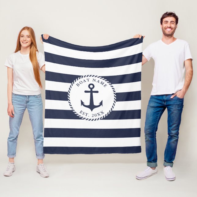 Nautical Anchor Navy Blue White Rand Boat Namn Fleecefilt (På plats)