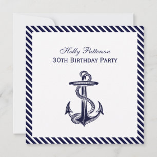Nautical Anchor Navy Diag Rand 2 SQ Birthday Pty Inbjudningar