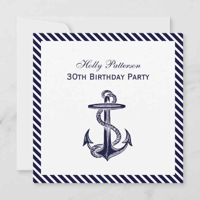 Nautical Anchor Navy Diag Rand 2 SQ Birthday Pty Inbjudningar (Framsida)