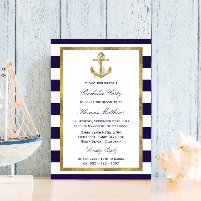 Nautical Anchor Navy Stripe Beach Bachelor Party Inbjudningar (Skapare uppladdad)