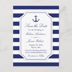 Nautical Anchor Navy Stripe Bröllop Fästmö Datum Meddelande Vykort