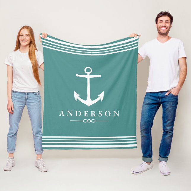 Nautical Anchor Navy Teal & White Rand Fleecefilt (På plats)