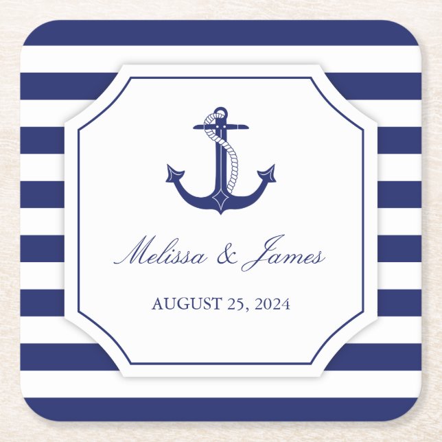 Nautical Anchor Navyblå Rand Bröllop Underlägg Papper Kvadrat (Framsidan)
