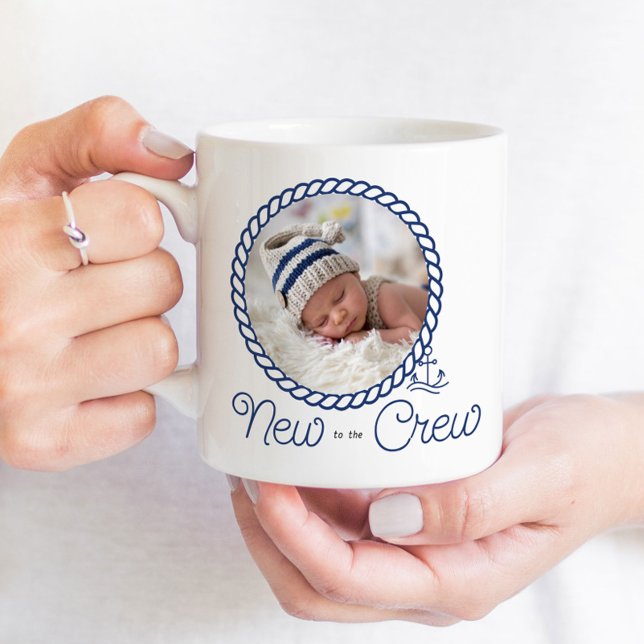 Nautical Anchor New to Crew Birth Notice of Kaffemugg (New to the Crew nautical birth announcement mug in blue and white with captain's wheel and rope)