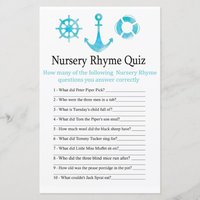 Nautical Anchor Nursery Rhyme Quiz baby showermatc (Framsida)