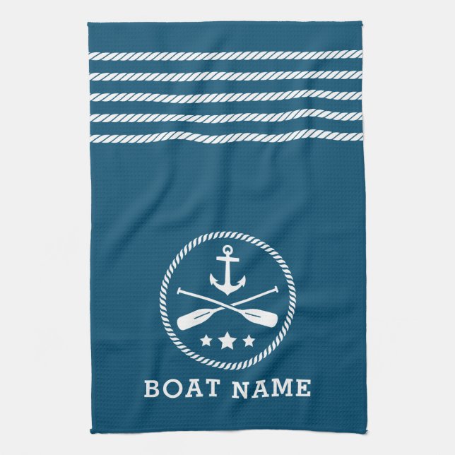 Nautical Anchor Oars Stars Boat Namn Aqua Blue Kökshandduk (Vertikal)