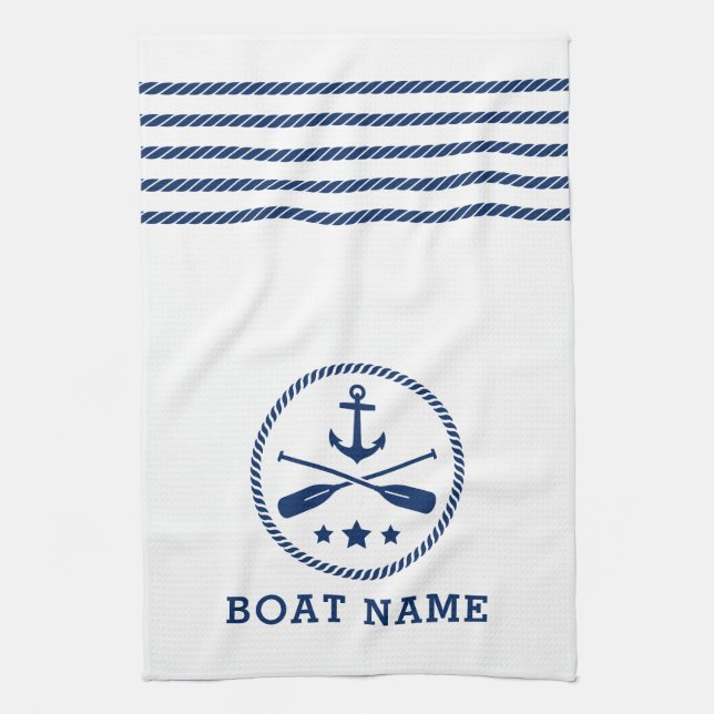 Nautical Anchor Oars Stars Boat Namn Blue White Kökshandduk (Vertikal)