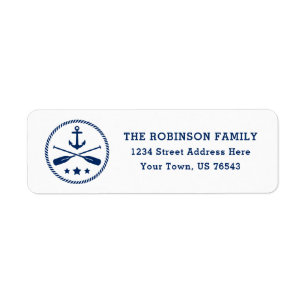 Nautical Anchor Oars Stars Rope Navy Blue Adress Returadress Etikett