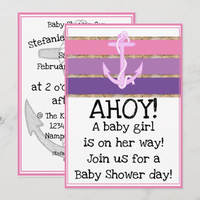 Nautical Anchor och Rope Girl Baby Shower (rosa) Inbjudningar (Fram/baksida)
