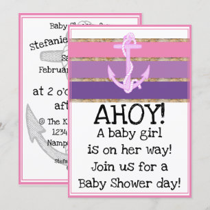 Nautical Anchor och Rope Girl Baby Shower (rosa) Inbjudningar