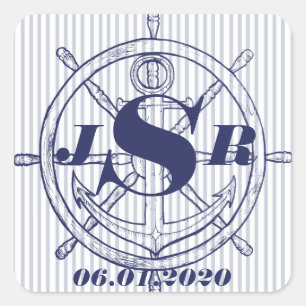 Nautical Anchor på Grått Rand Monogram Sticker Fyrkantigt Klistermärke