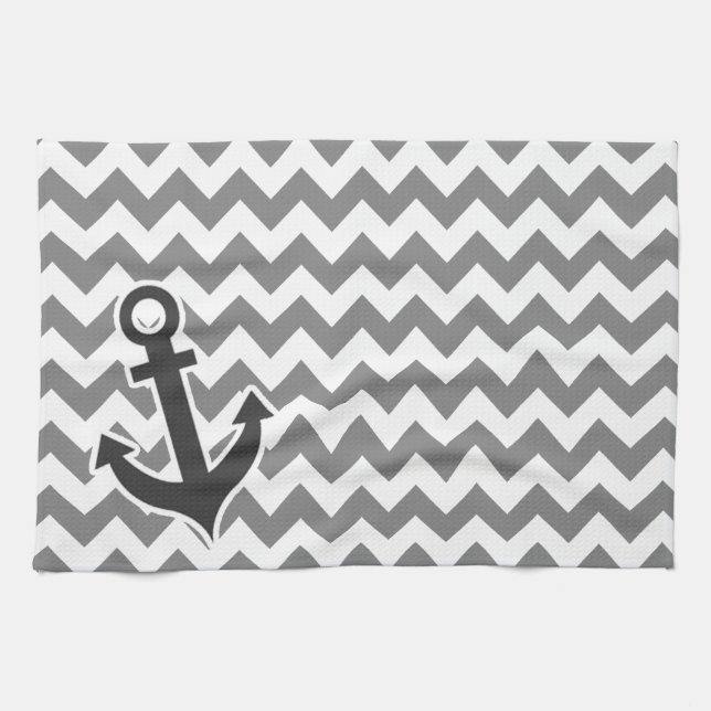 Nautical Anchor på Mörk Grått Chevron Kökshandduk (Horisontell)