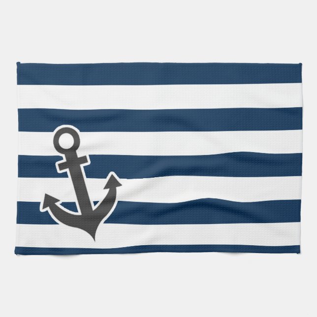 Nautical Anchor på Mörk Midnight Blue Rand Kökshandduk (Horisontell)