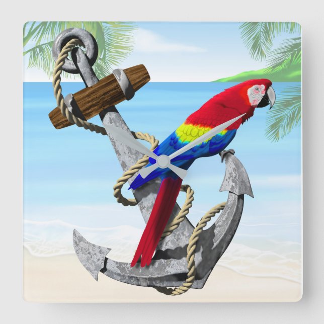 Nautical Anchor Parrot Fyrkantig Klocka (Framsida)