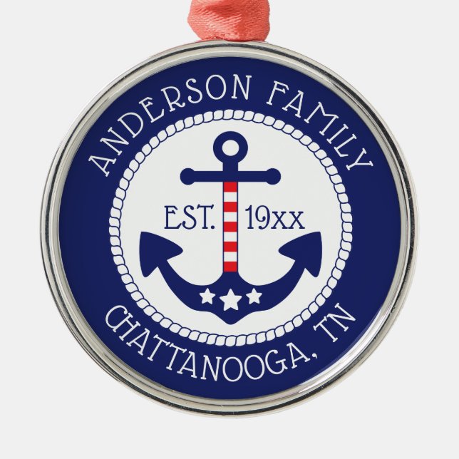 Nautical Anchor Patriotic Family Namn Julgransprydnad Metall (Framsidan)