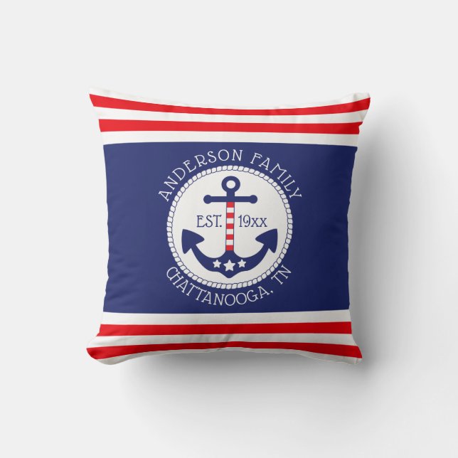 Nautical Anchor Patriotic Family Namn Kudde (Framsida)