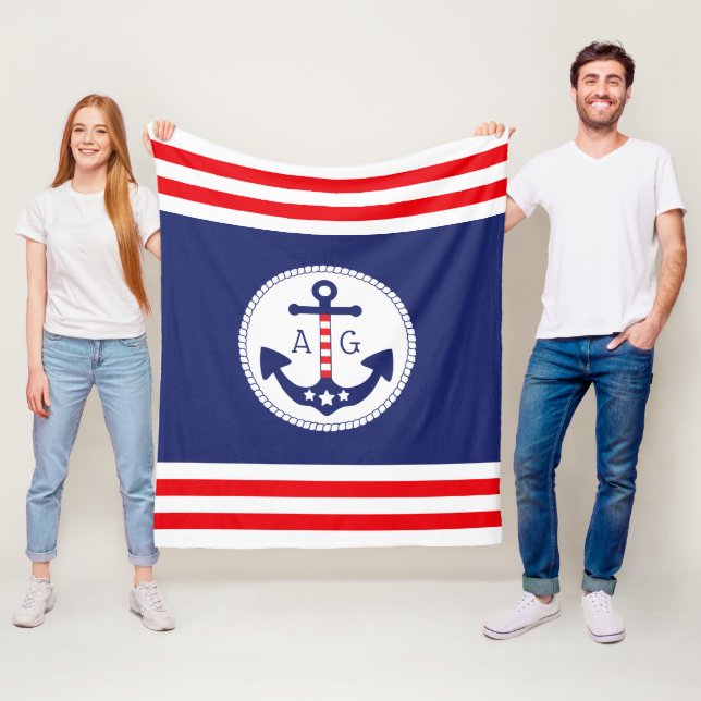 Nautical Anchor Patriotic Stars & Rand Monogram Fleecefilt (På plats)