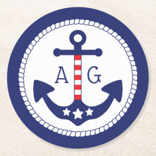 Nautical Anchor Patriotic Stars & Rand Monogram Underlägg Papper Rund