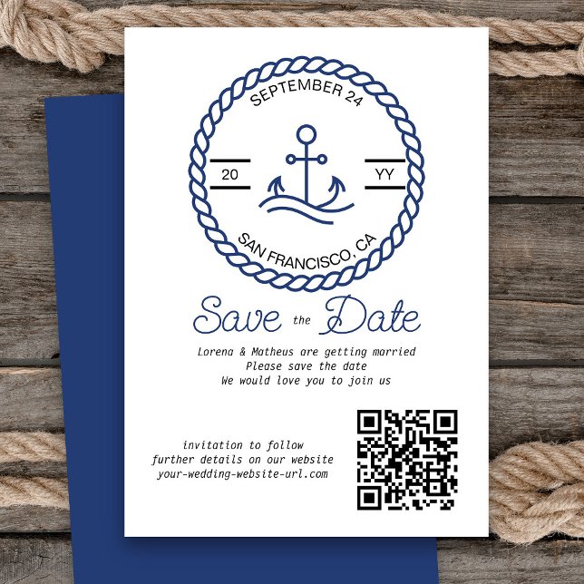 Nautical Anchor QR-kod Bröllop Spara Datum-kort Datumet (Nautical Wedding Save the Date Card with QR Code)