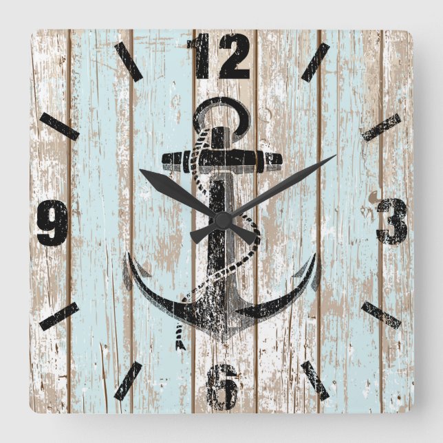 Nautical Anchor Rand Wood Fyrkantig Klocka (Framsida)