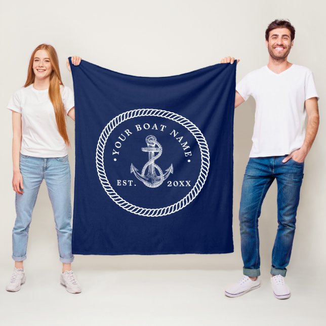 Nautical Anchor & Rope Boat Namn Navy Blue & White Fleecefilt (På plats)