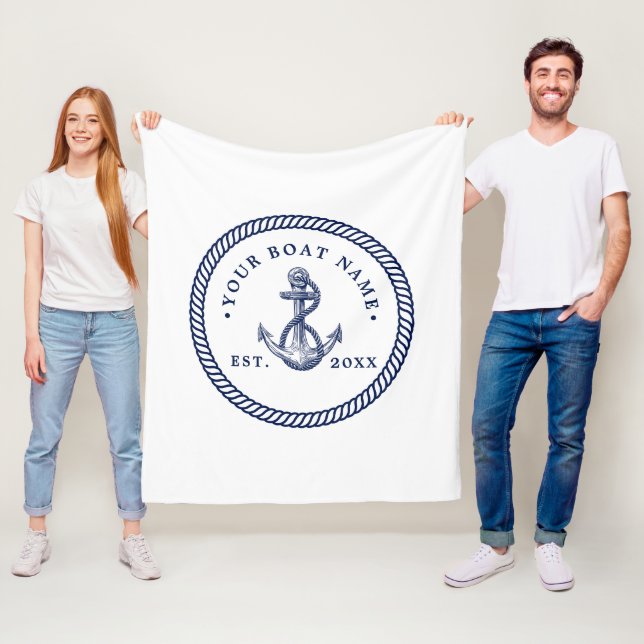 Nautical Anchor & Rope Boat Namn Navy Blue & White Fleecefilt (På plats)